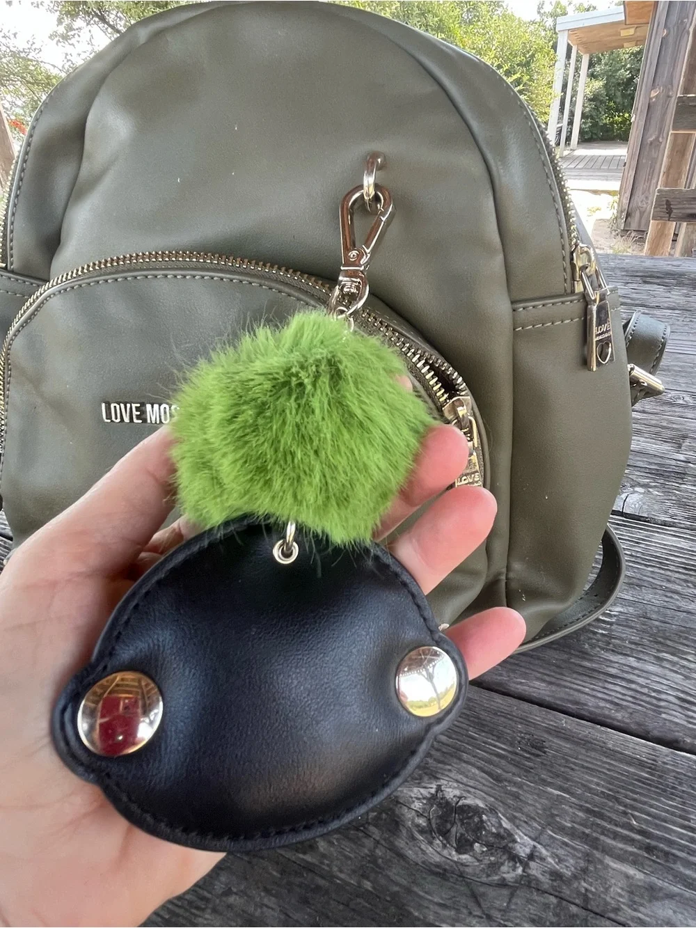 Love Moschino  Olive Green sm Backpack with Green Pom-Pom Charm